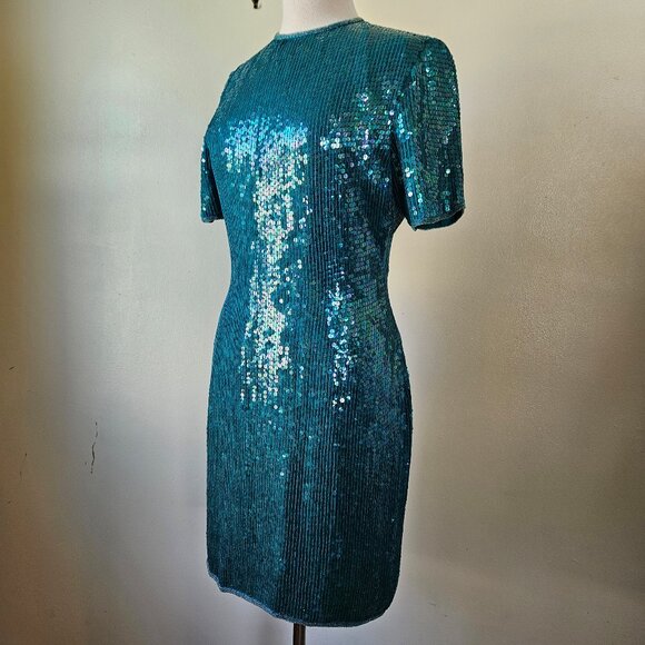 Vintage Scala Italy 80s 90s Blue Turquoise Sequin Silk Cocktail Dress Small S - Picture 1 of 10
